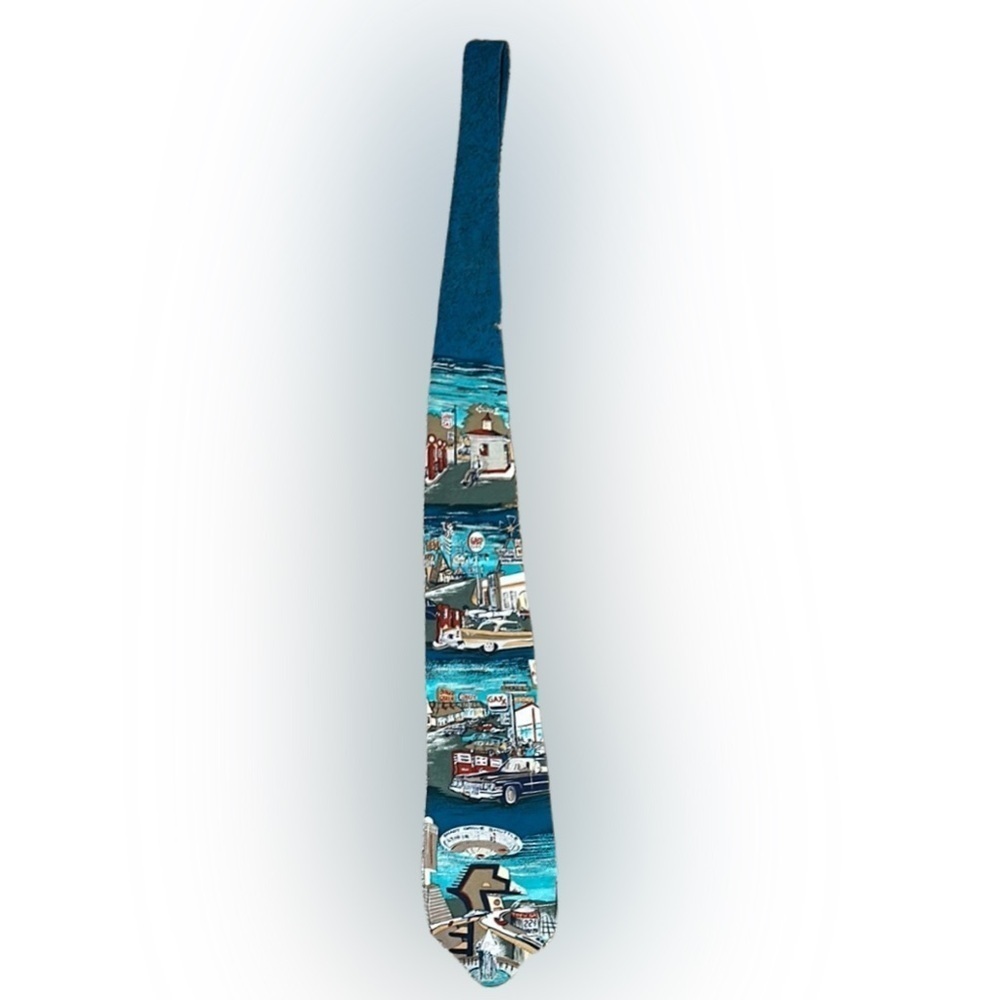 AXXA VTG Grandpacore Novelty MadeinUS Scenic 50s Small Town Blue Necktie
